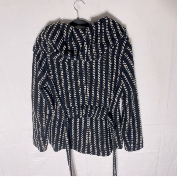 Zara Basic Black Cream Striped Textured Knit Bubble Collar Belted Jacket M - Picture 15 of 16